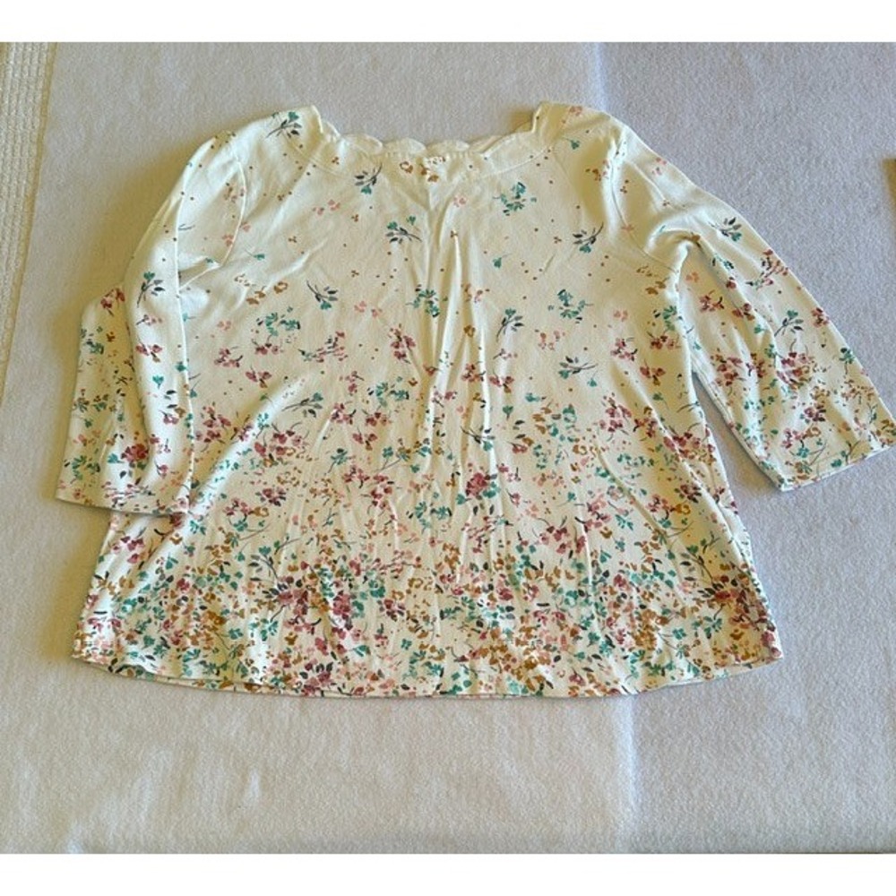 Croft & Barrow Floral Top Womens XL Ivory 3/4 Sleeve Scalloped Neck Cotton